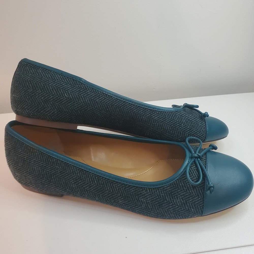 Talbots Teal Herringbone Wool Leather Cap Toe Ballet Flats Bow 10.5M - Picture 8 of 8